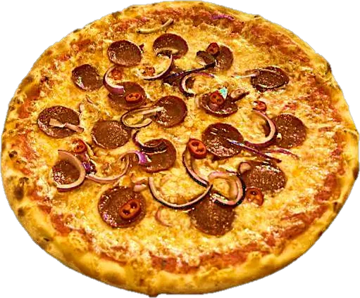 Pizza uit de houtoven met pikante salami, ui en peper