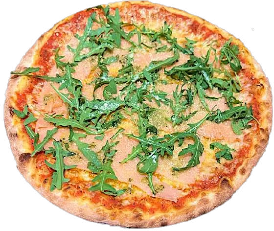 Pizza uit de houtoven met gerookte zalm, rucola en pesto